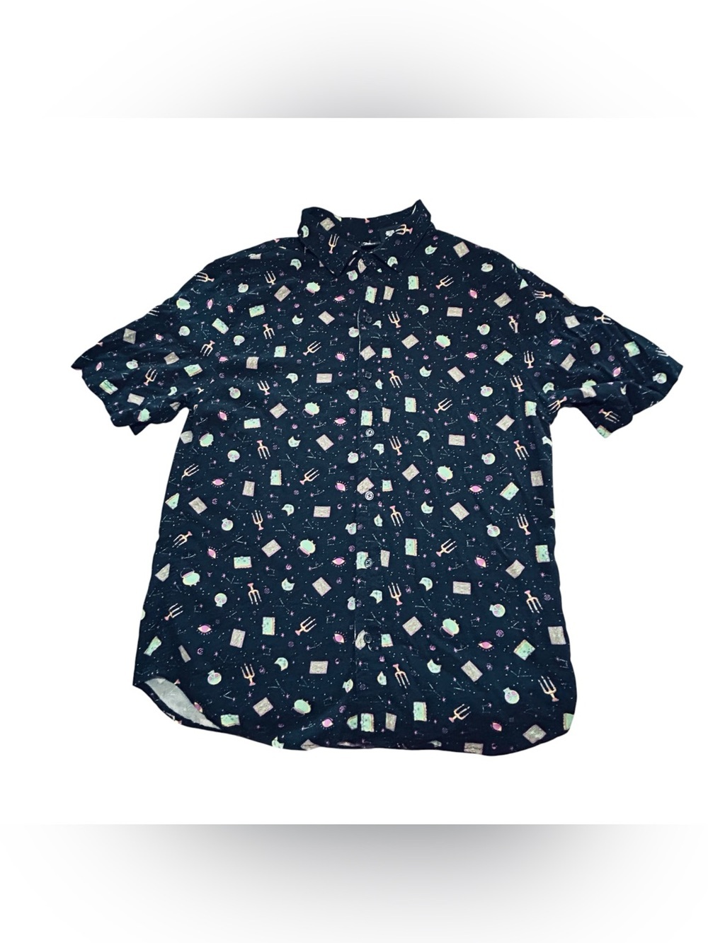 Disney Navy Short-Sleeve Button-Down with Pastel Novelty Icons